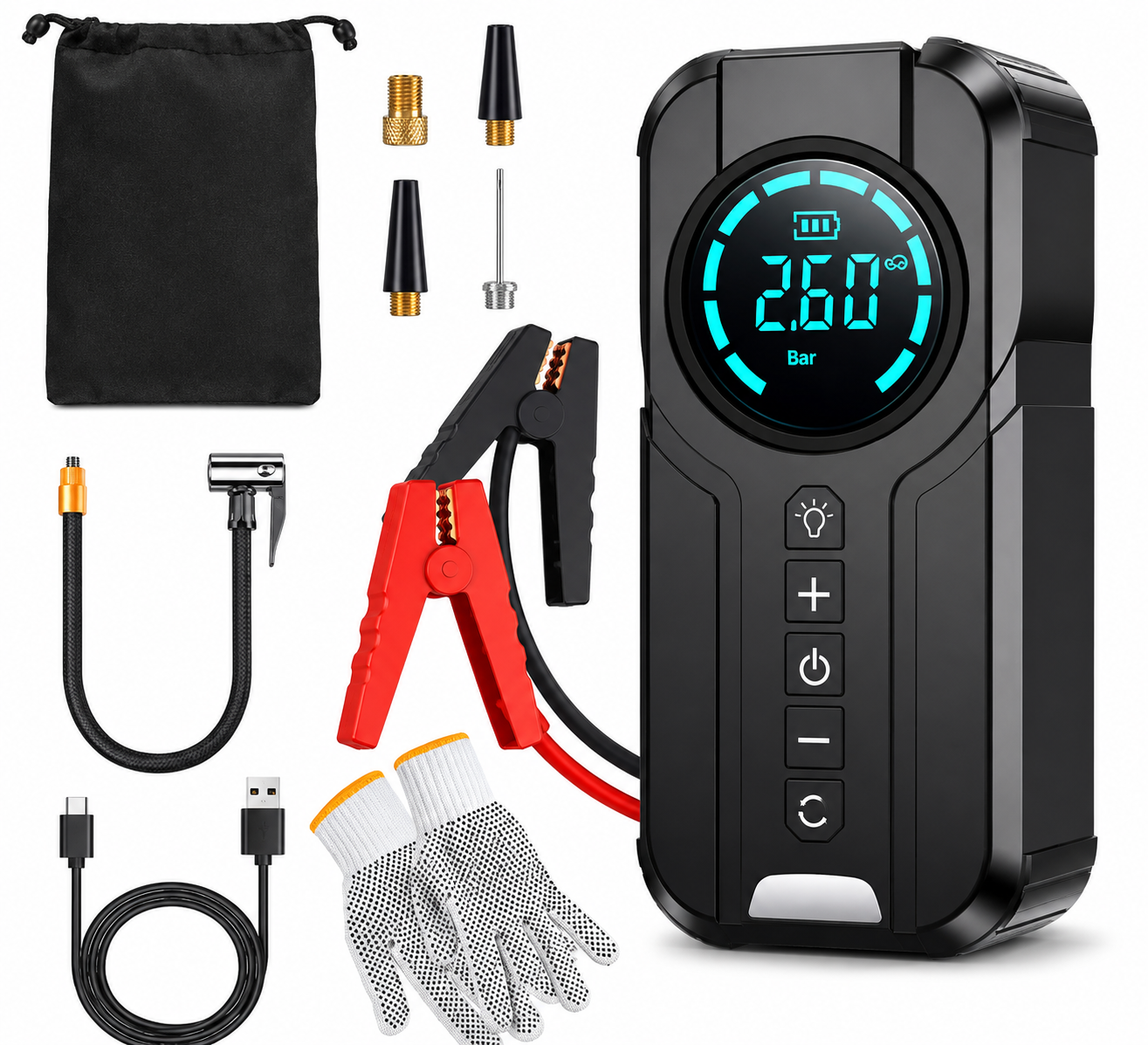 4In1 Car Emergency Booster, Tire Inflator, Power Bank, Flashlight & Glove