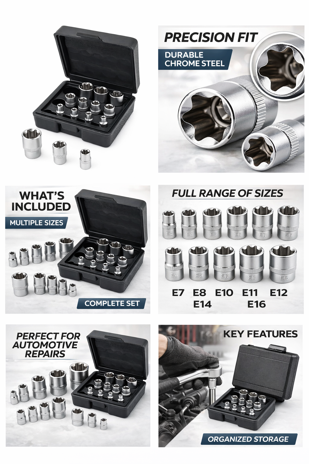 14 Piece Bebona Female E-socket Set Bit 1/4" 3/8" 1/2"