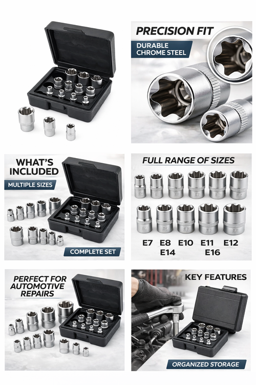 14-Piece Female E-Torx Socket Set | 1/4" 3/8" 1/2" Drive (Bebona)