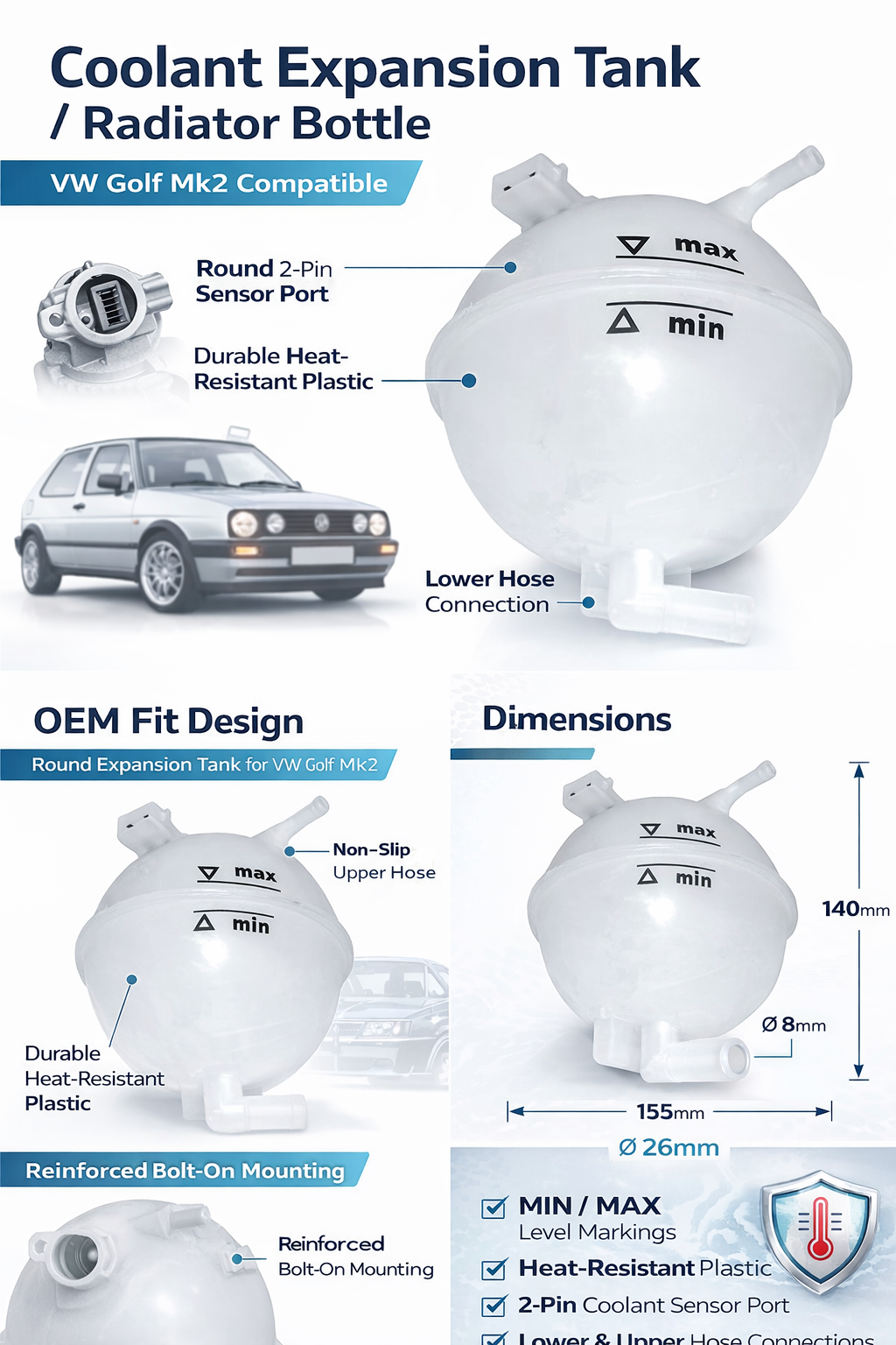 VW Golf Mk2 Expansion Tank | Radiator Coolant Bottle 2-Pin