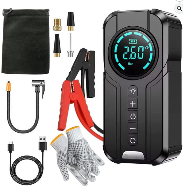 4In1 Car Emergency Booster, Tire Inflator, Power Bank, Flashlight & Glove