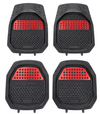 Universal Rubber Car Floor Mats Set - Black & Red - 4 Piece | Heavy Duty Anti-Slip All-Weather Trim-to-Fit Mats