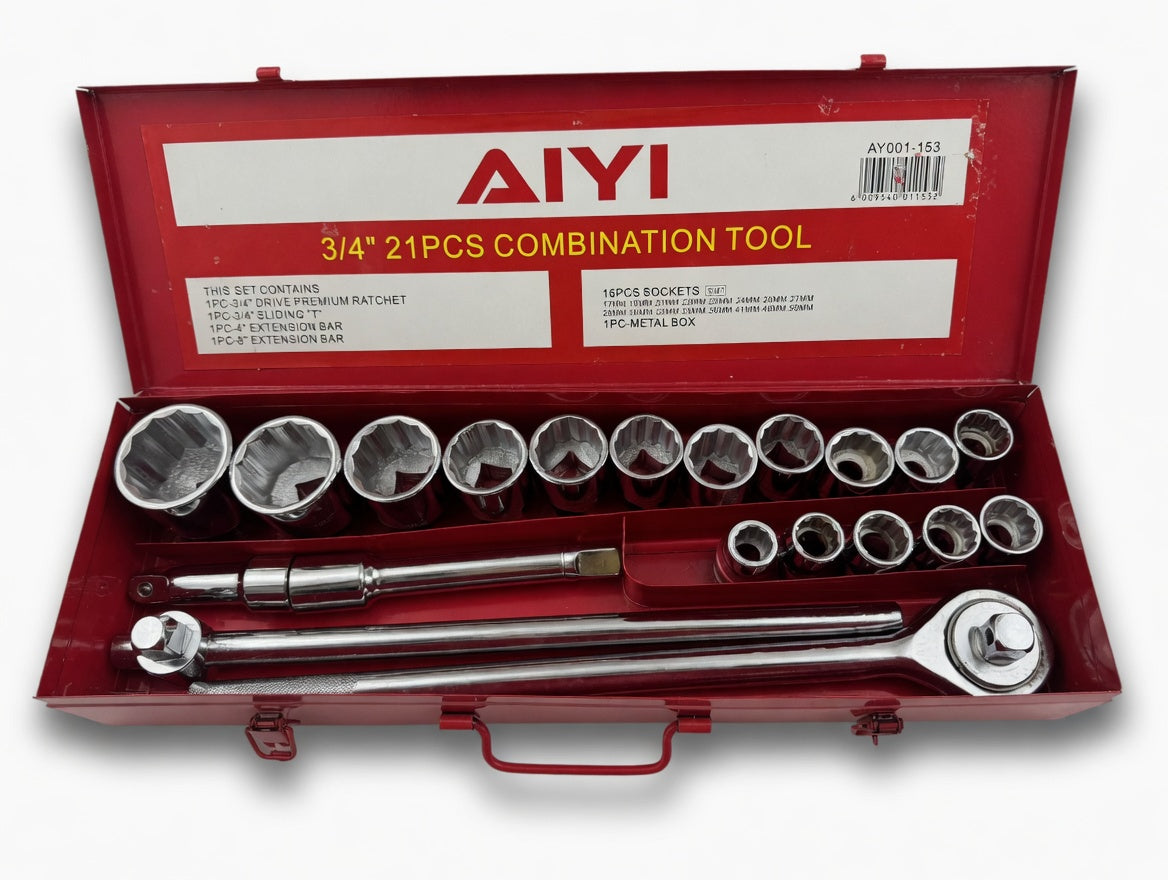21-Piece 3/4" Drive Socket Set | Heavy-Duty Ratchet & Large Sockets (19–50mm)