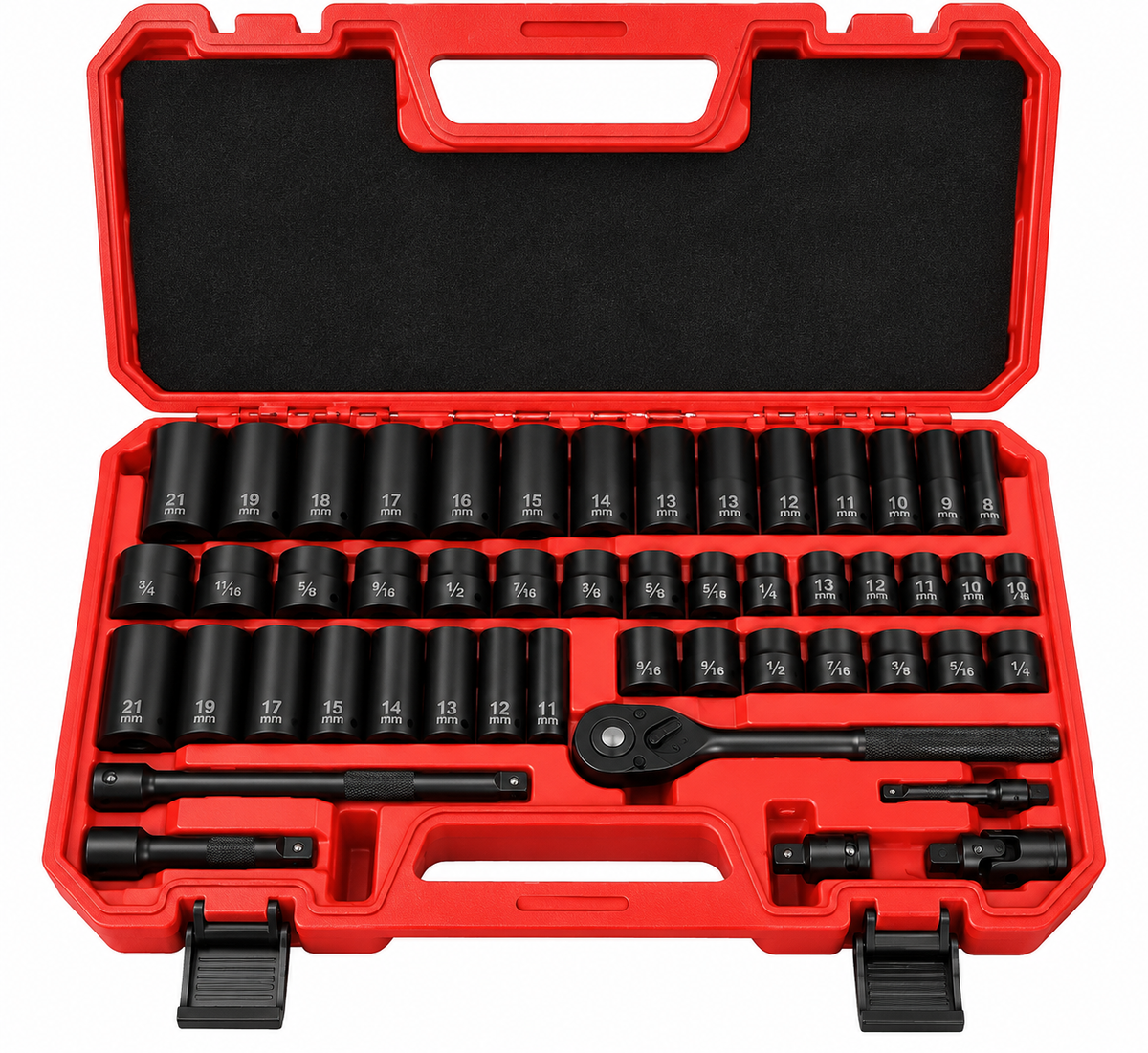 Metric & SAE Socket Set with Ratchet, Deep Sockets & Red Carry Case