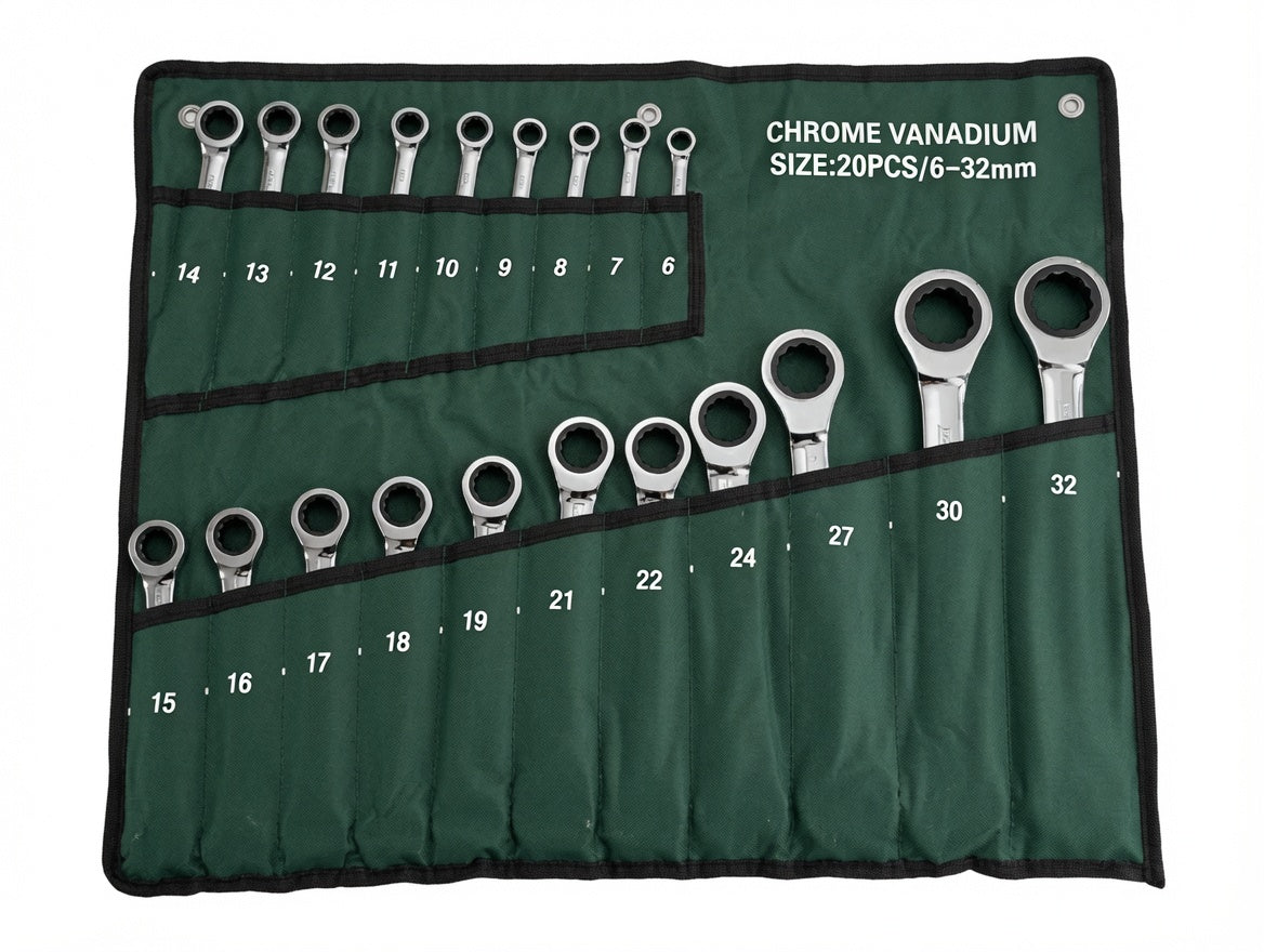 20-Piece Ratchet Spanner Set 6mm–32mm | Chrome Vanadium Wrench Kit with Pouch