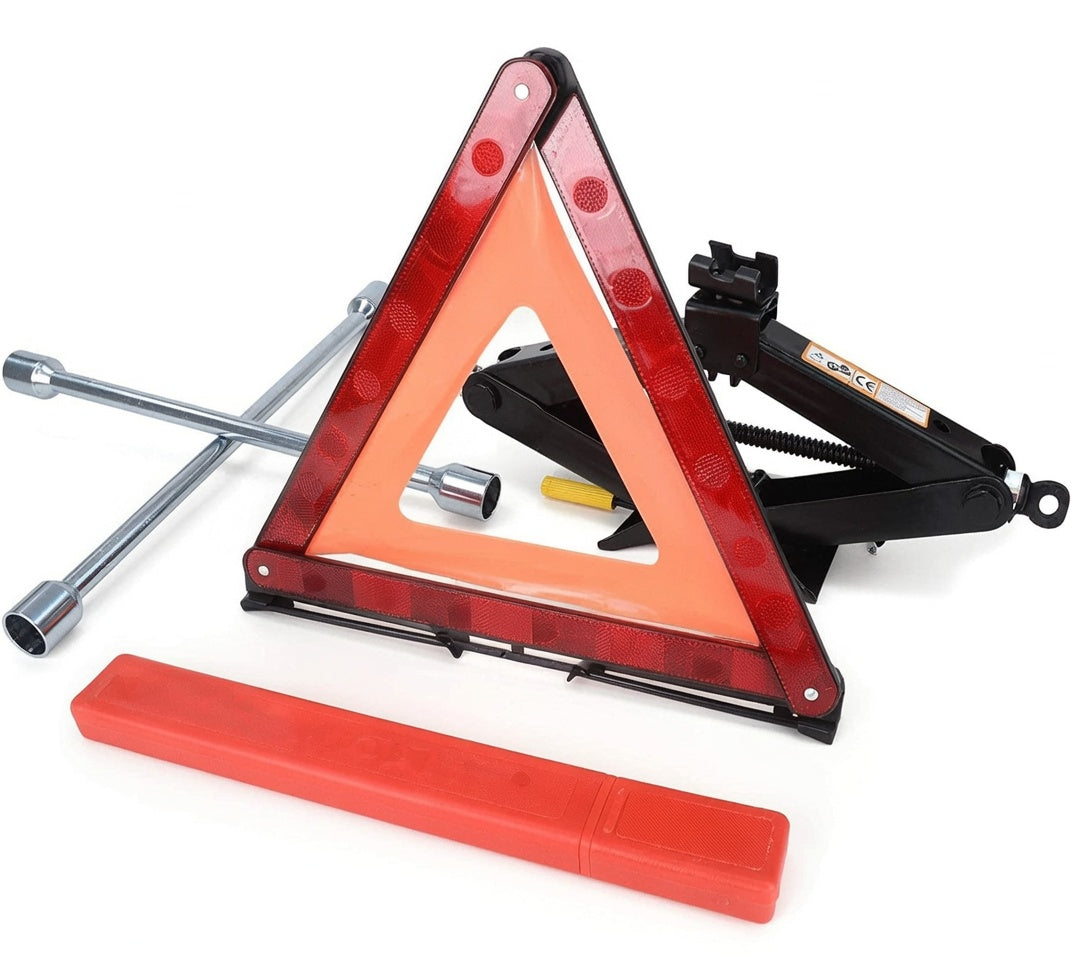 Roadside Emergency Kit | Scissor Jack, 4-Way Wheel Spanner & Warning Triangle